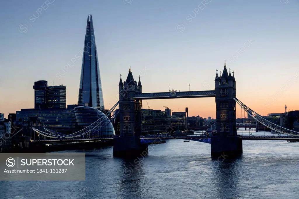 Headline: Tower Bridge and The Shard at dusk, London, England, UK