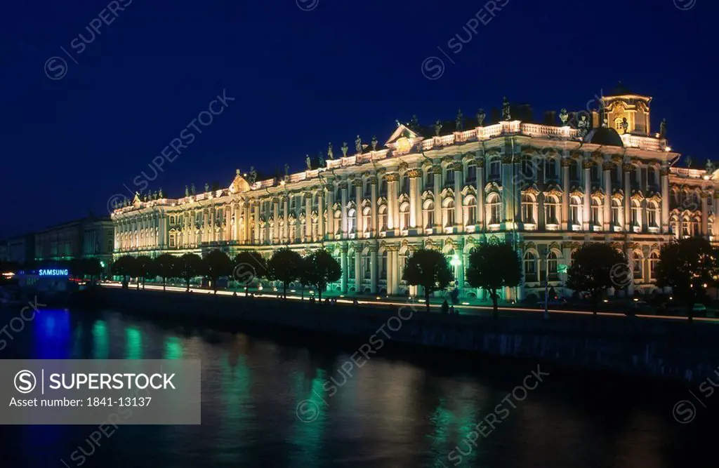 Palace along Newa river illuminated at night, St. Petersburg, Russia, Europe