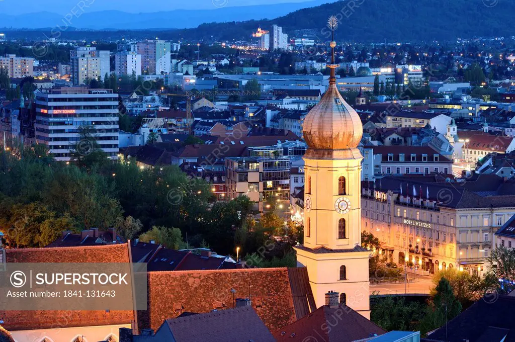 Headline: Urban landscape of Graz at blue hour, Styria, Austria