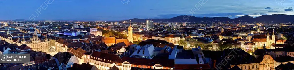 Headline: Urban landscape of Graz at blue hour, Styria, Austria