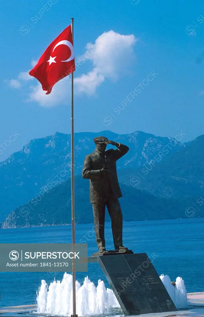Sculpture and Turkish flag at memorial, Mugla, Turkey
