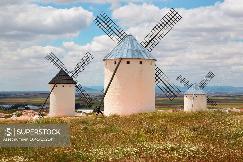 Headline: Three windmills, Campo de Criptana, Ciudad Real, Castille-La Mancha, Spain, Europe