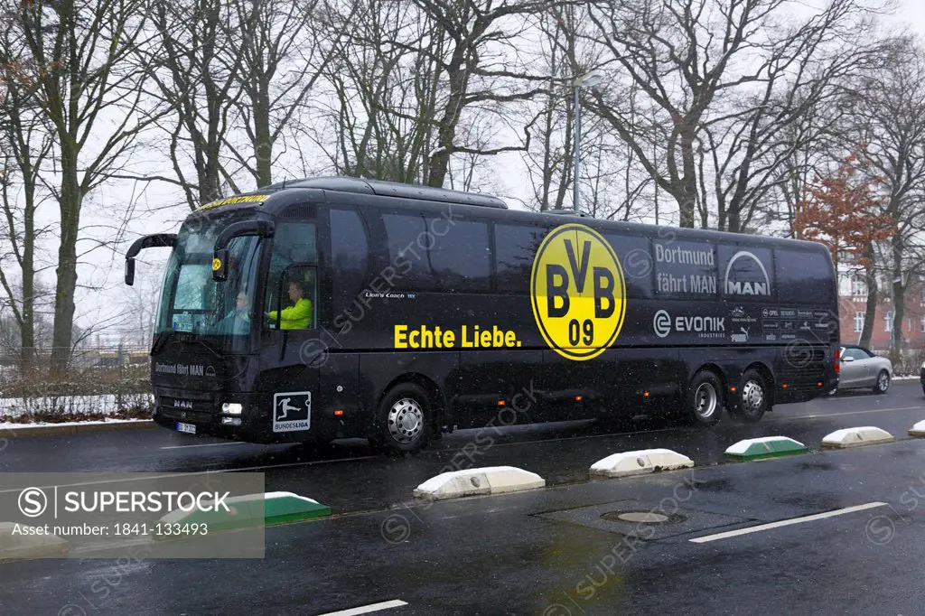 Team bus of Borussia Dortmund, Stadium Borussia Park, Borussia Moenchengladbach gegen Borussia Dortmund 1:1, 1. Bundesliga 2012/2013, Moenchengladbach...