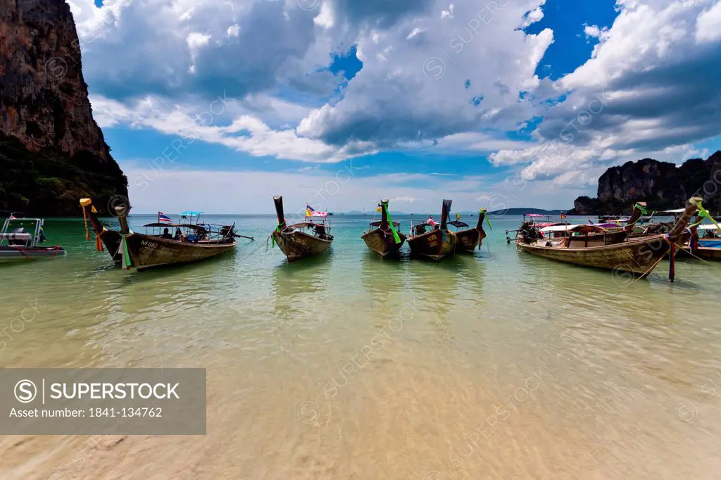 Longtail boats, at beach, Railay, Thailand, Asia