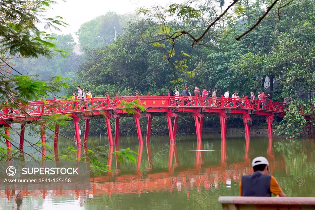 Red Iron Bridge to the Temple of the Jade in Hanoi, Vietnam