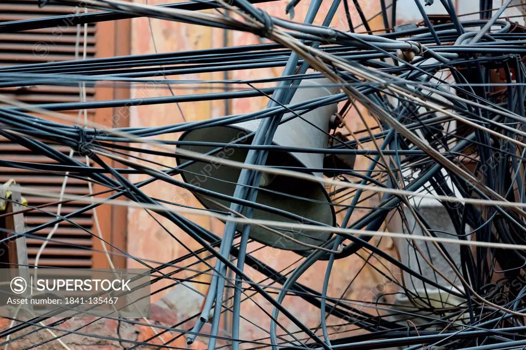 Electricity Cables and Loudspeaker in the Old Quarter of Hanoi, Vietnam