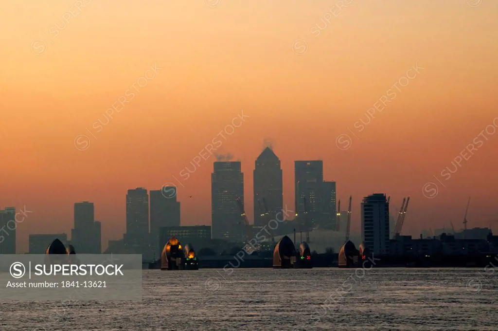 Canary Wharf and Thames Barrier, London, UK, Europe