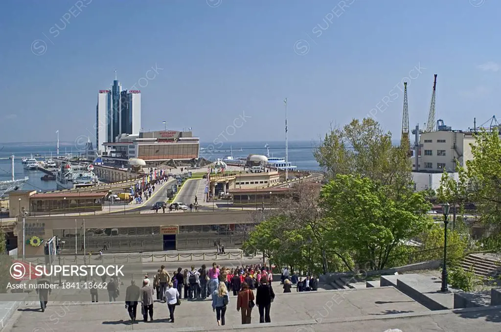 High angle view of harbor in city, Odessa, Odessa Oblast, Ukraine