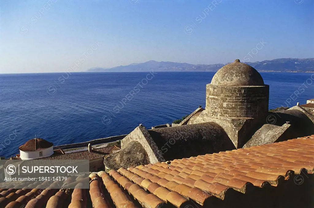 Building overlooking sea, Monemvasia, Peloponnese, Greece
