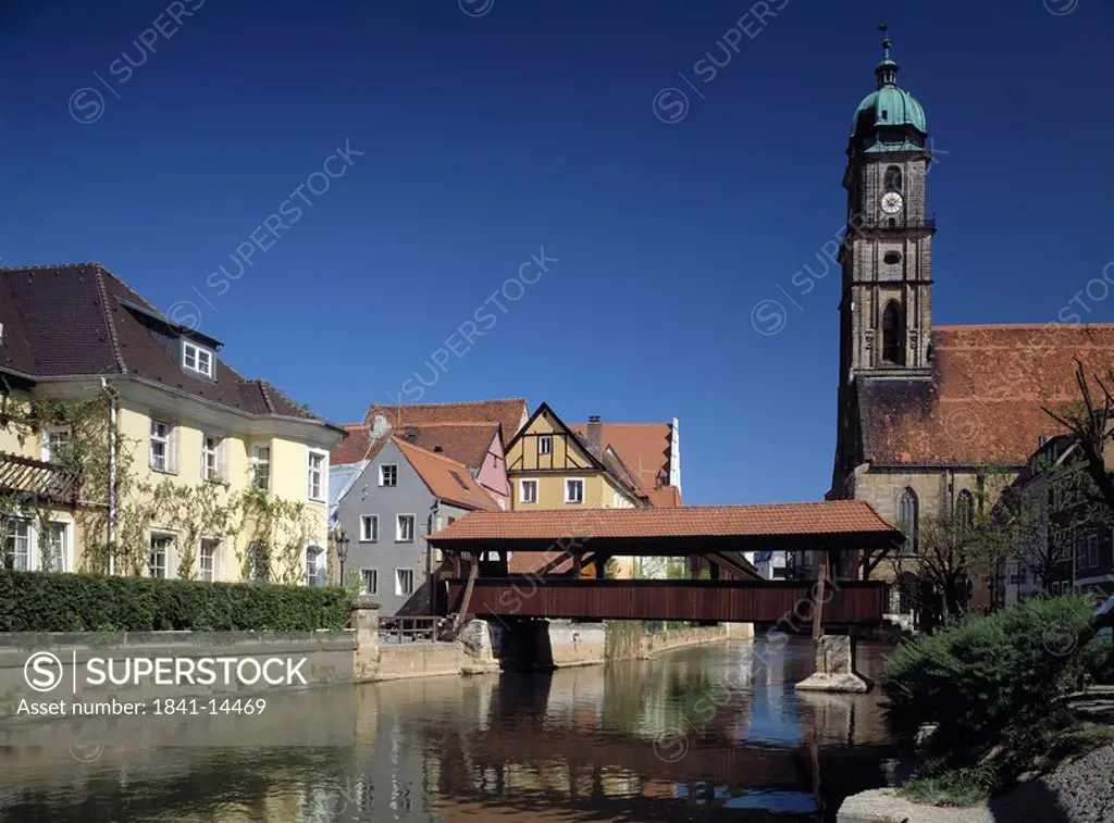Covered bridge across river in town, Martin Church, Upper Palatinate, Bavaria, Germany