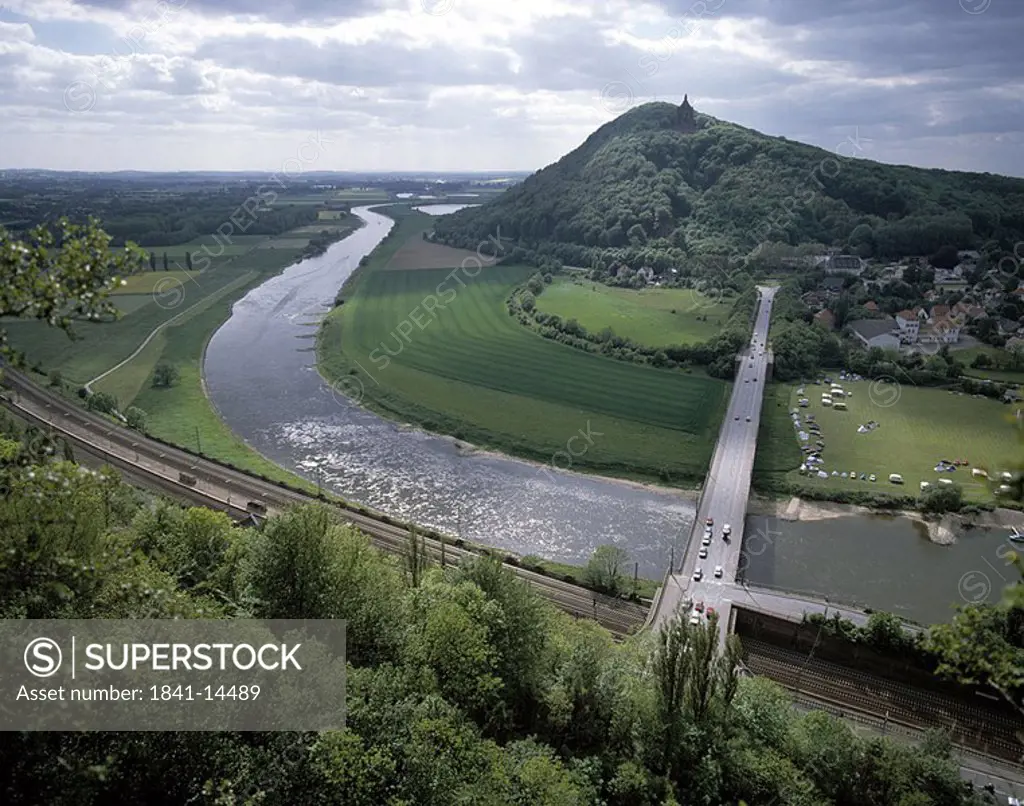 High angle view of bridge across river, Teutoburger Forest, Porta Westfalica, Germany
