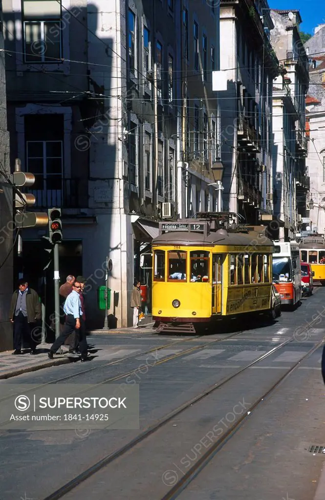 Tram moving on track, Rua Da Conceicao, Baixa, Lisbon, Portugal