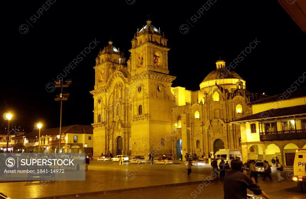 Church lit up at night, Iglesia La Compania De Jesus, Plaza_De_Armas, Cuzco, Cusco Region, Peru