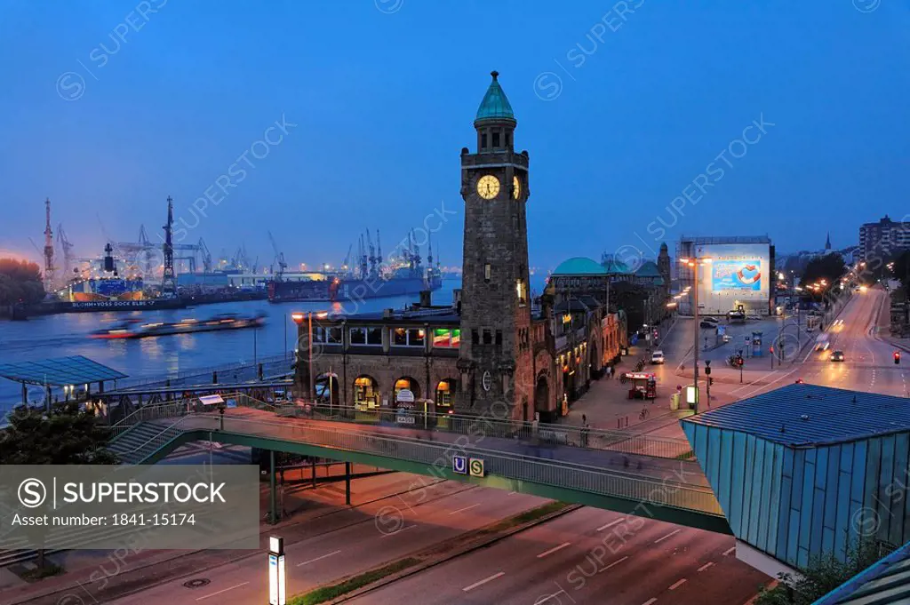 Clock tower at port, St. Pauli Landungsbrucken, St. Pauli, Elbe River, Hamburg, Germany