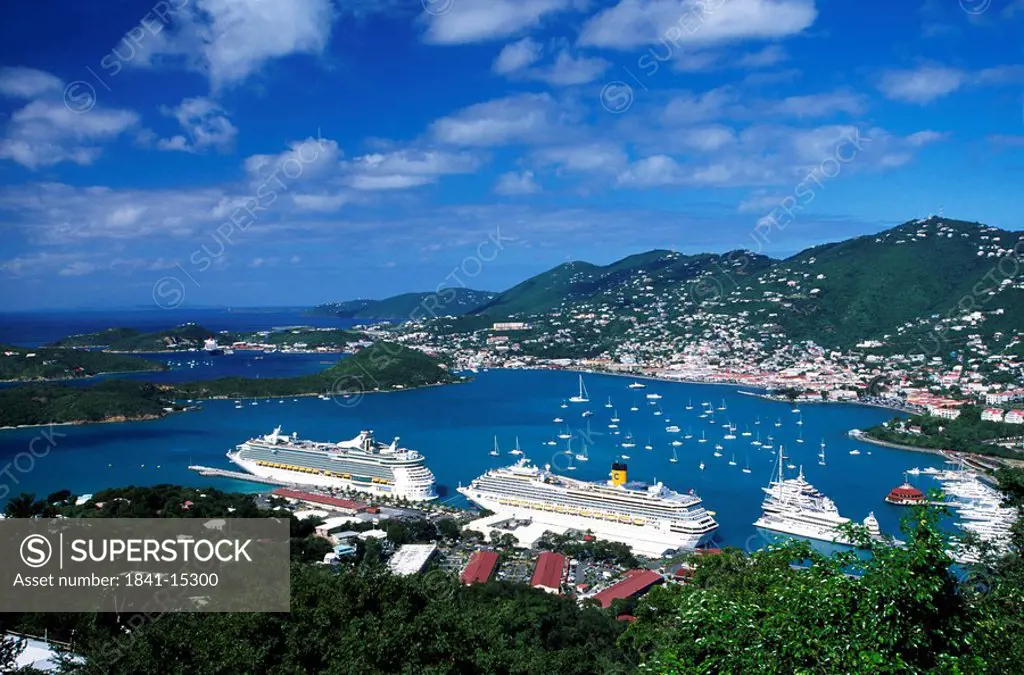 Aerial view of cruise ships at harbor, Charlotte Amalie, St Thomas, Leeward Islands, US Virgin Islands