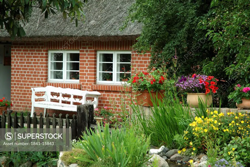 Garden in front of cottage, Middelhagen, Monchgut, Rugen, Mecklenburg_Vorpommern, Germany
