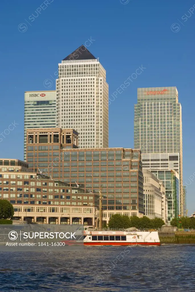 Office buildings at waterfront, Canary Wharf, Tower Hamlets, London, England
