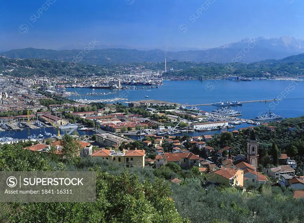High angle view of a port, Italian Riviera, La Spezia, Liguria, Italy