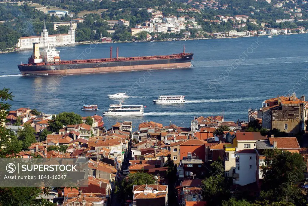 High angle view of city at waterfront, Bosphorus, Istanbul, Turkey