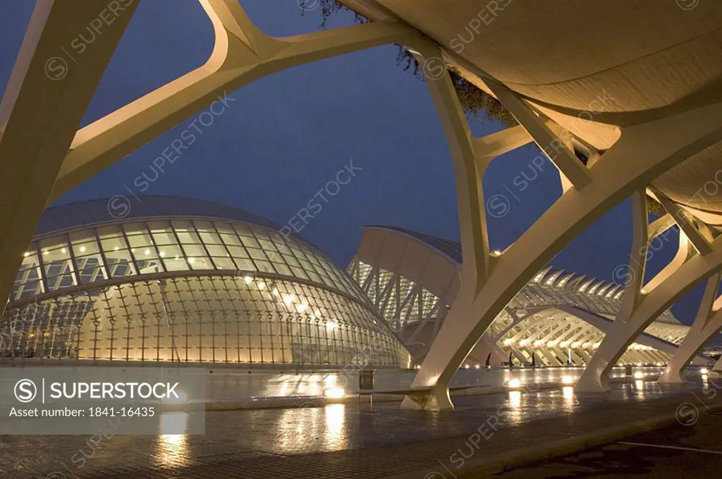 Museum lit up at dusk, Valencia, Valencia Province, Spain