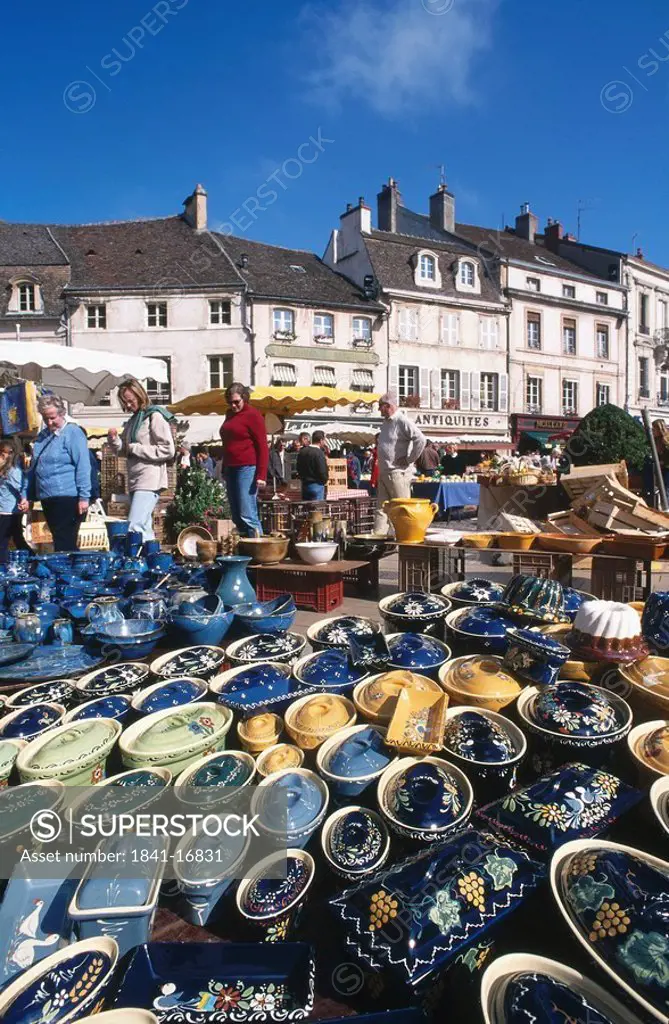 Ceramic pottery souvenirs in market, Place de la Halle, Beaune, Burgundy, France
