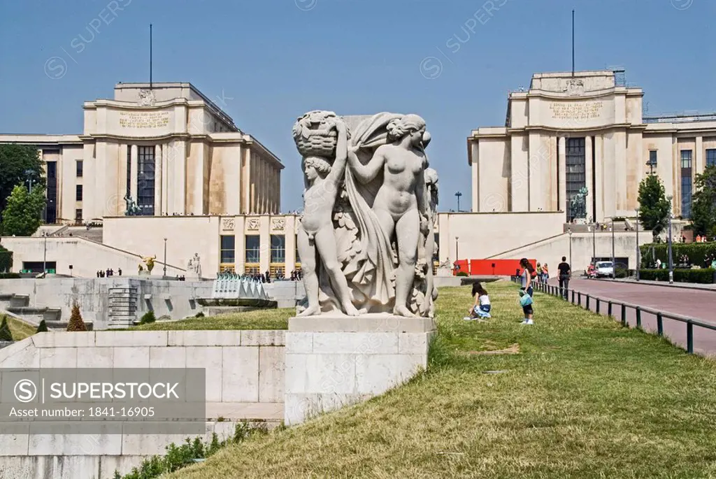 Sculptures in park in front of buildings, Palais de Chaillot Museum, Paris, France
