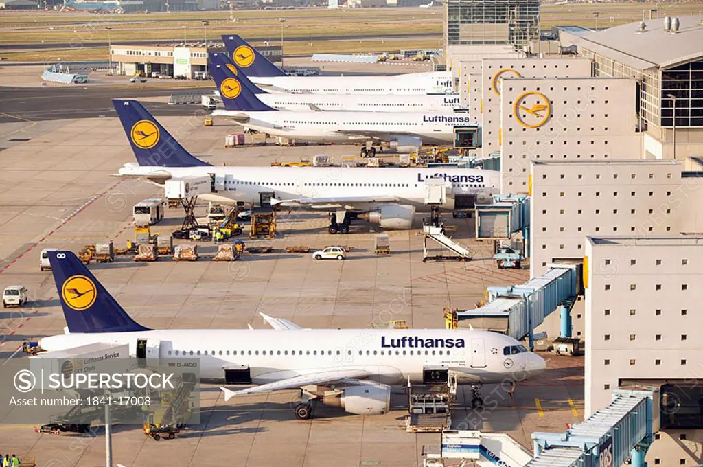 High angle view of airplanes at airport, Frankfurt Rhein_Main Airport, Frankfurt, Germany
