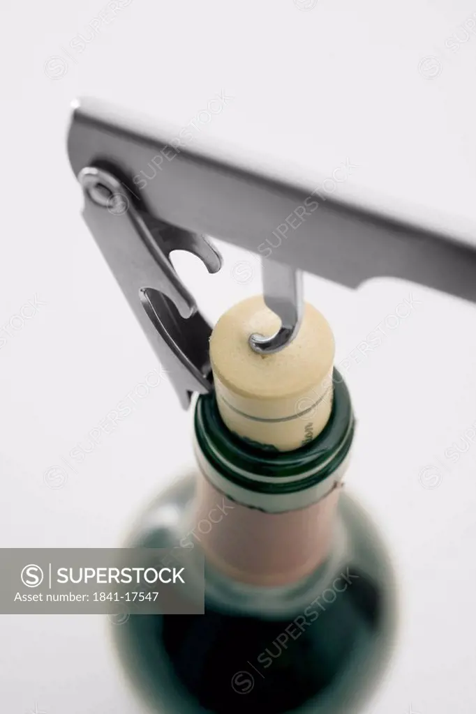 High angle view of corkscrew and bottle of wine