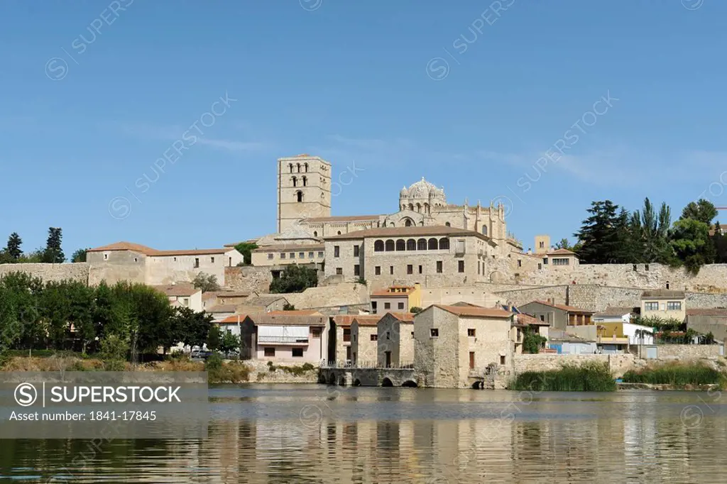 View of the oil mills and the old town of Zamora, Spain