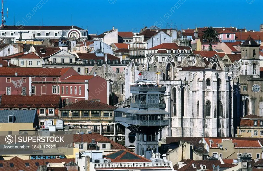 Buildings in city, Santa Justa Lift, Carmo Convent, Lisbon, Portugal
