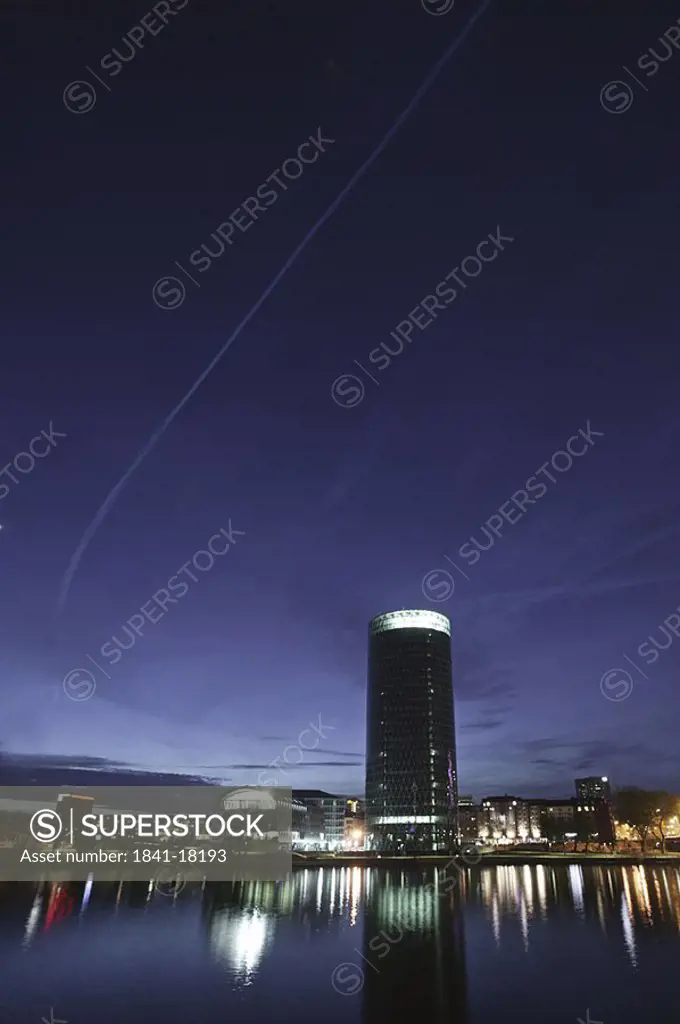 Buildings lit up at night, Frankfurt, Hesse, Germany