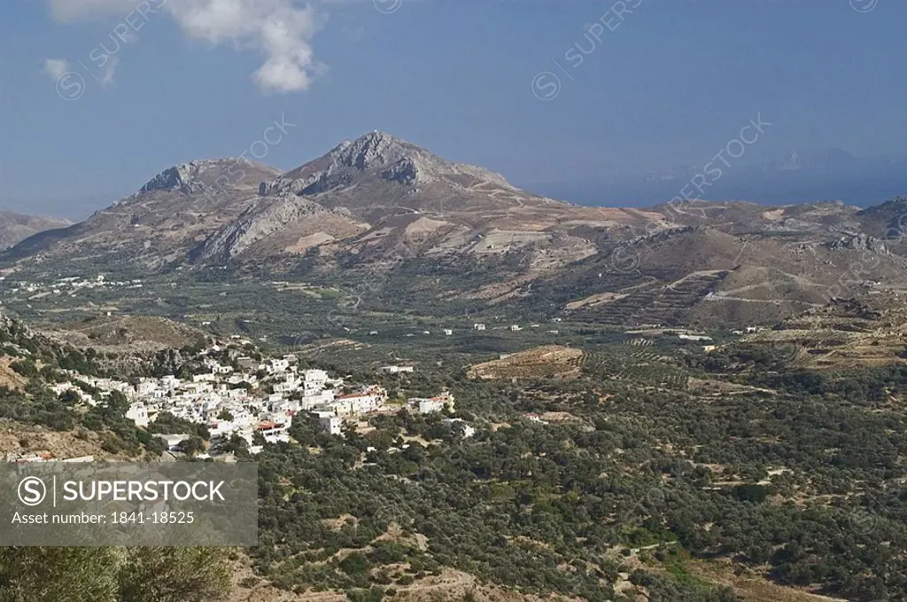 High angle view of village in valley, Plakias, Crete, Greece