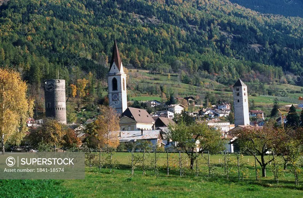 Church in village, St. Mary Church, Frohlichsturm, Mals, Vinschgau, Alto Adige, Italy