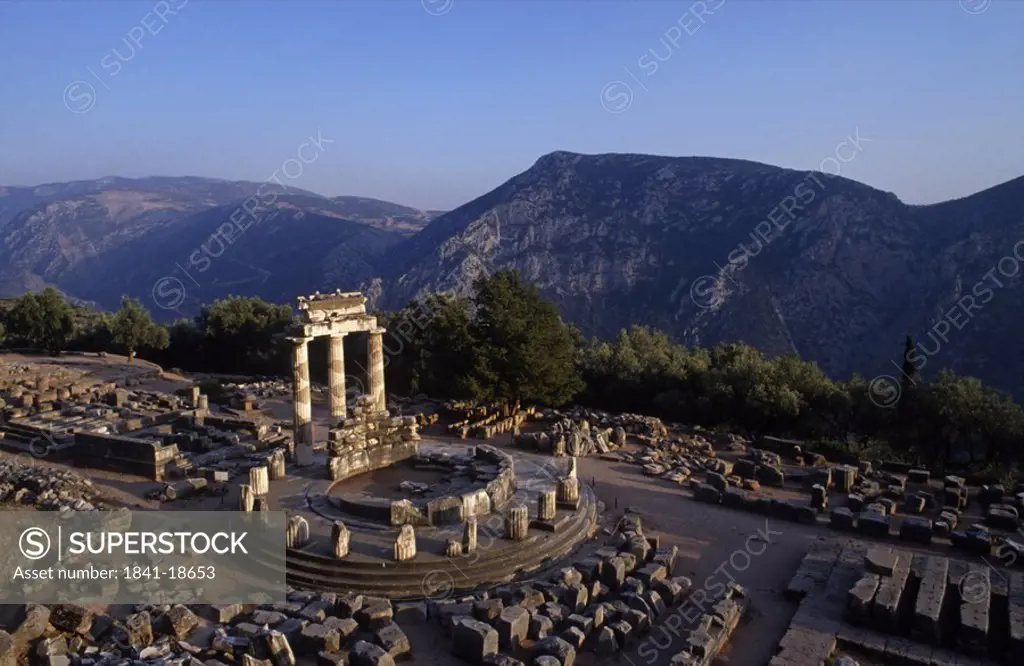 High angle view of old ruins, Tholos ruins, Marmaria terrace, Delphi, Greece