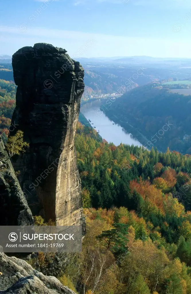 High angle view of river flowing through valley, Elbe River, Mt Teufelsturm, Saxony, Germany