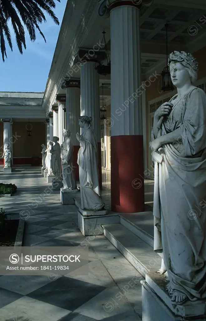 Sculptures in courtyard of palace, Achillion Palace, Corfu, Greece