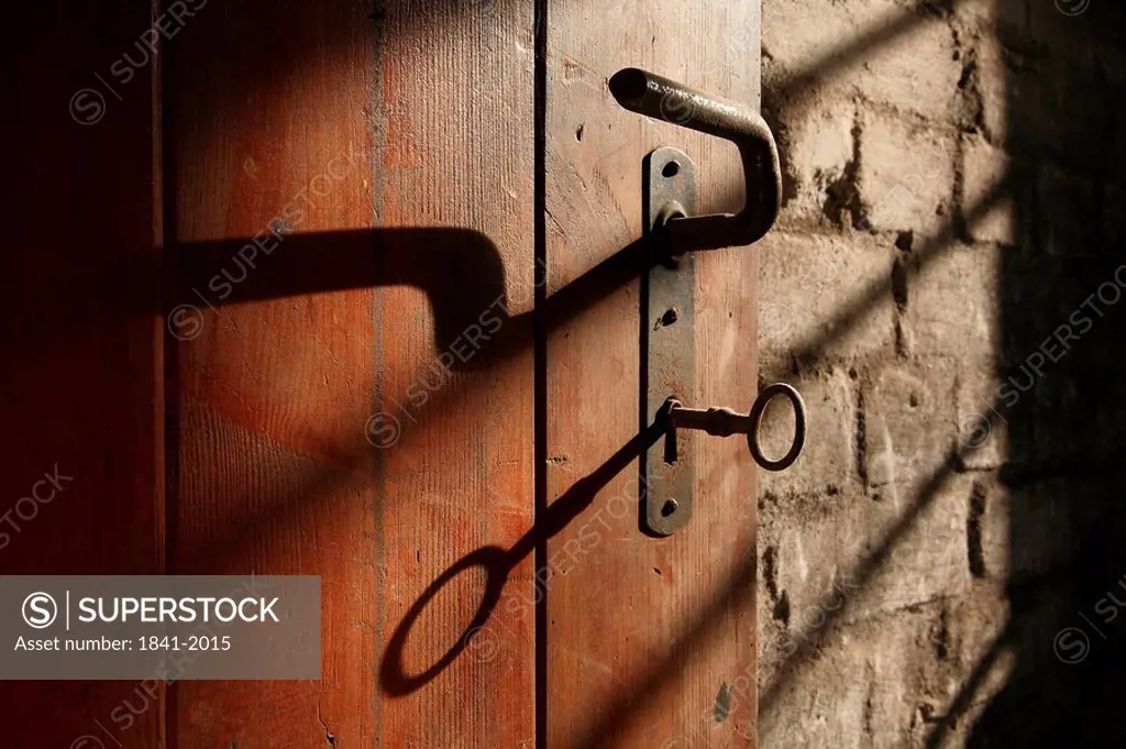 Doorlock of an old wooden door, low angle view