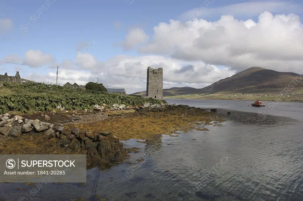 Ruins of tower at riverside, County Mayo, Republic of Ireland