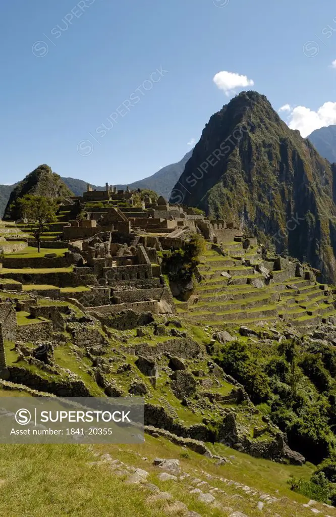 High angle view of old ruins on mountain, Inca Ruins, Machu Picchu, Cusco Region, Peru