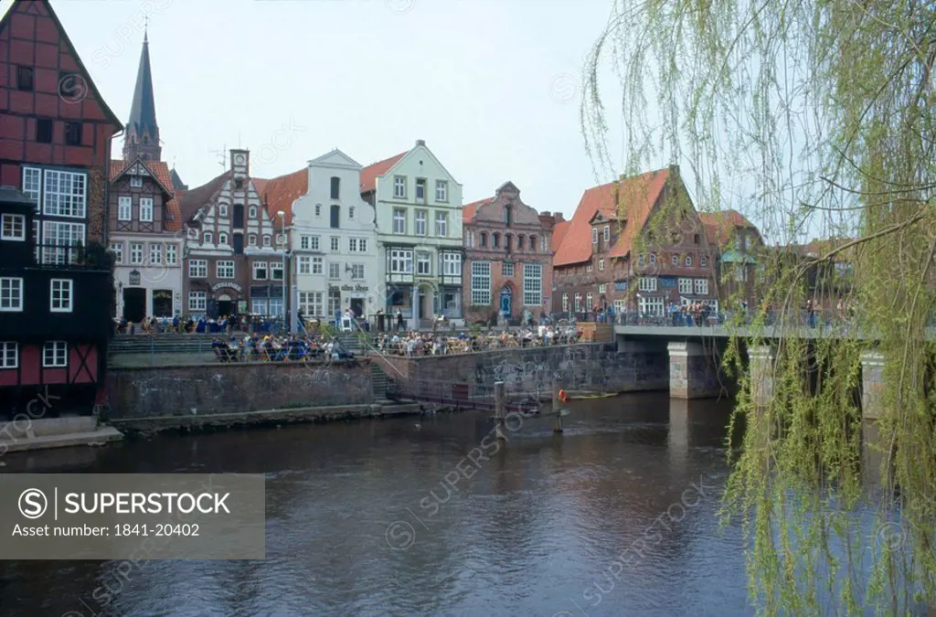 Buildings along river, River Lune, Luneburg, Saxony, Germany, Europe