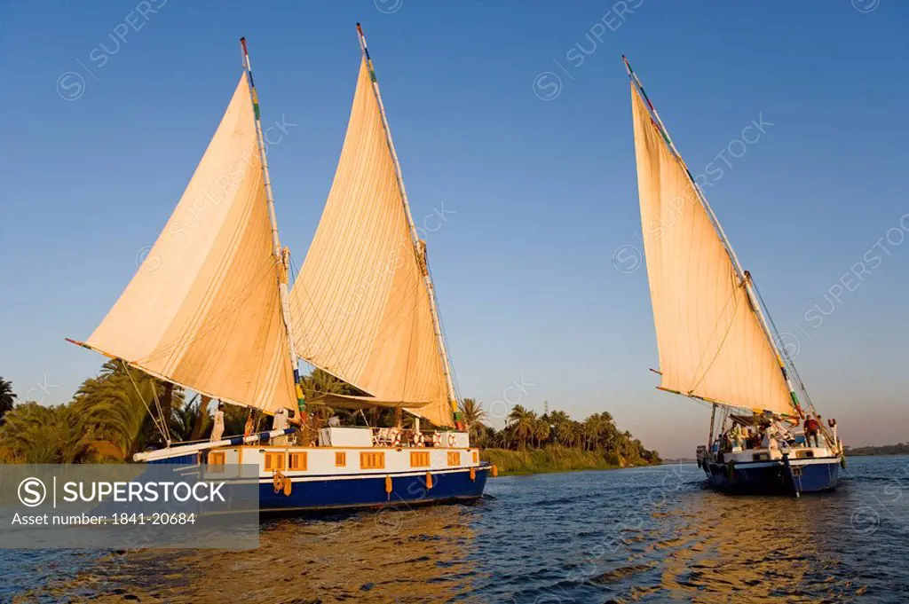 People on sailboats in river, Nile River, Egypt
