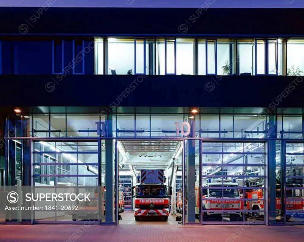 Fire vehicles at fire station, Frankfurt, Hesse, Germany
