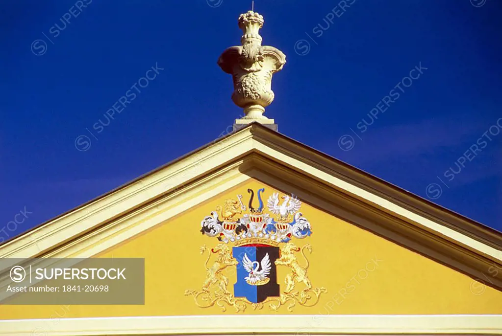 Coat of arms at gable of castle, Rammenau Castle, Bischofswerda, Lusatia, Saxony, Germany