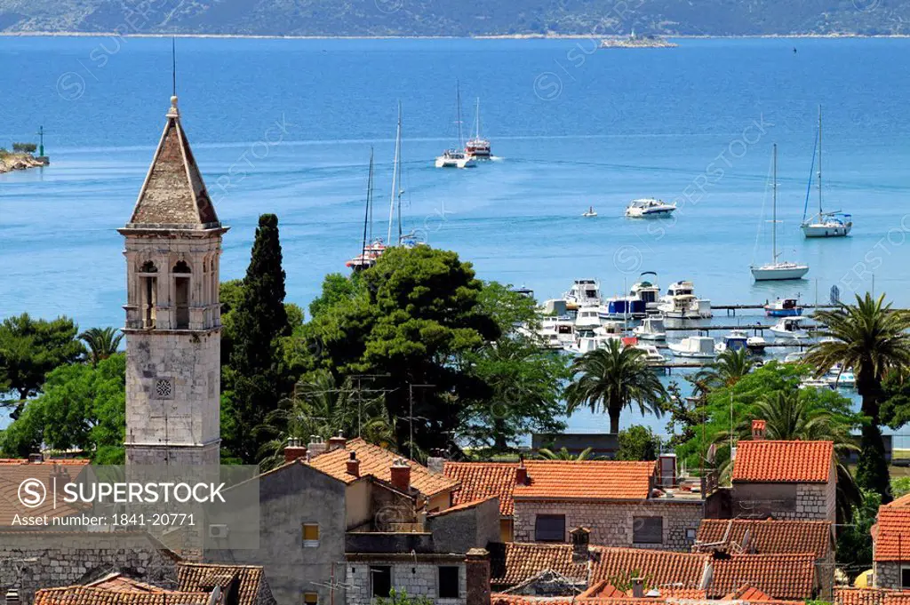View to the old quarter and the marina of Trogir, Croatia, elevated view