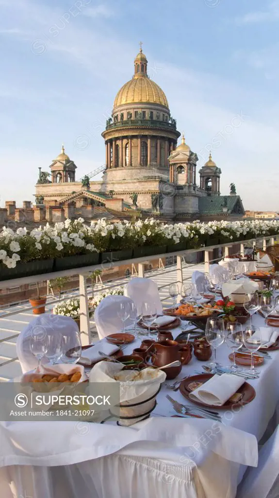 Place setting in front of cathedral, St. Petersburg, Russia