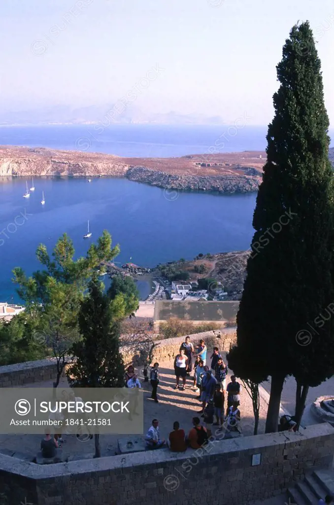 High angle view of tourist at observation point, Rhodes, Dodecanese Islands, Greece