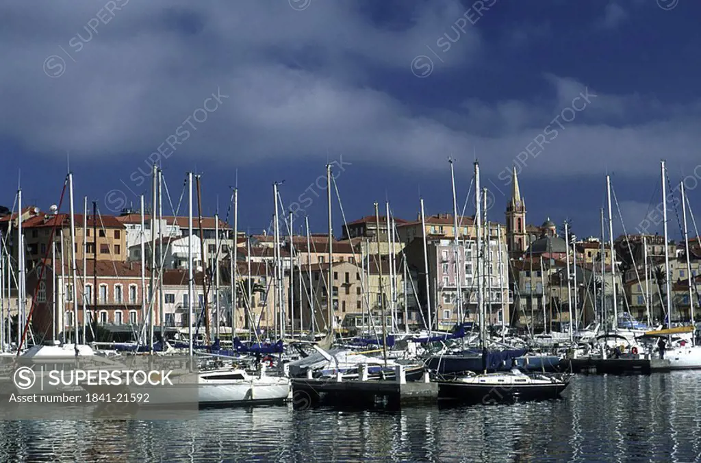 Boats moored at harbor, La Balagne, Corsica, Haute_Corse, France