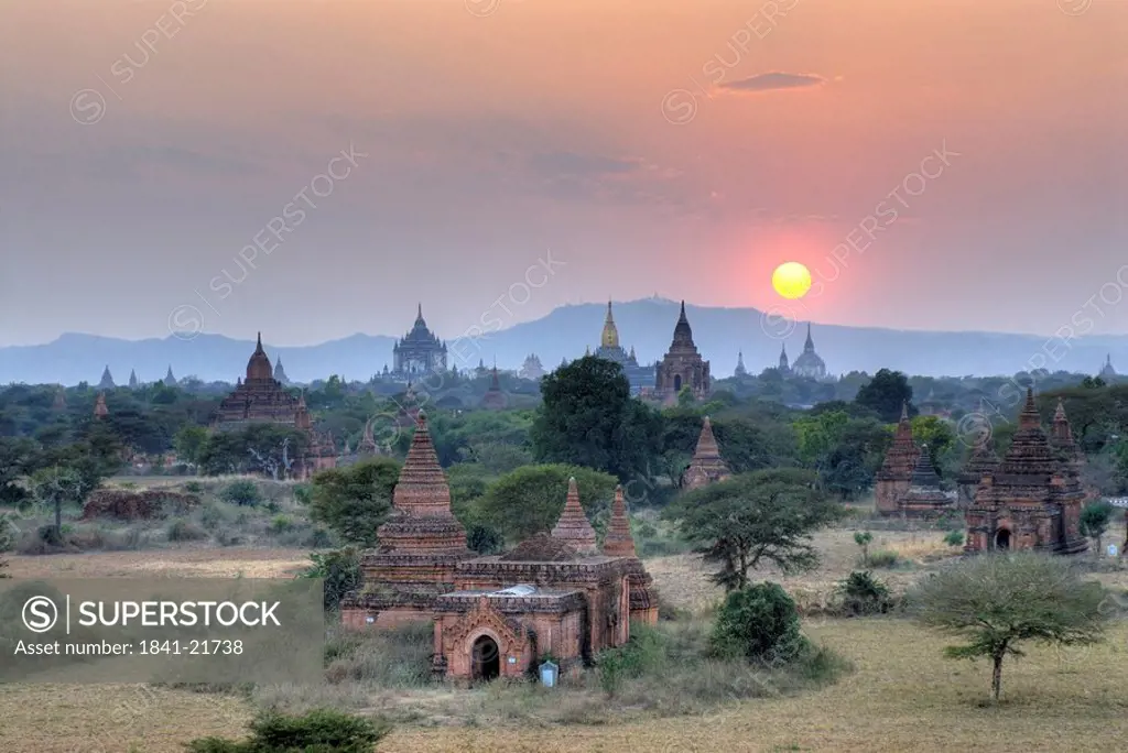 High angle view of pagodas on landscape, Bagan, Myanmar