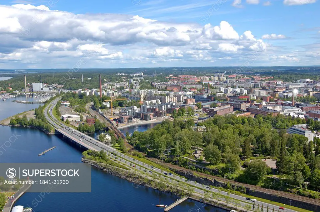 Aerial view of city at coast, Baltic Sea, Helsinki, Finland