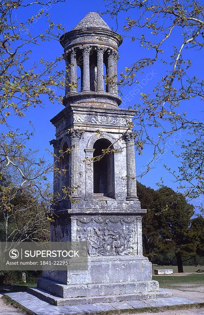 Ancient mausoleum against blue sky, , St.Remy_De_Provence, Bouches_Du_Rhone, France
